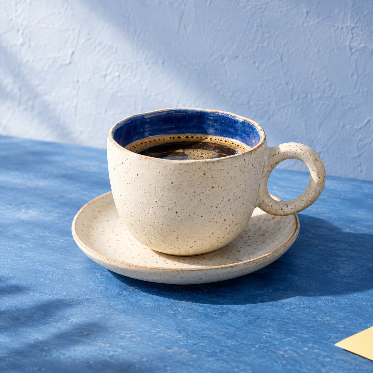 Ivory stoneware coffee cup with a cobalt glaze on a matching saucer