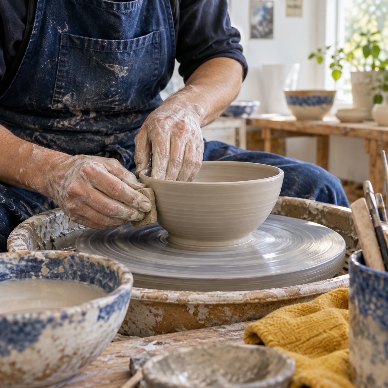 A maker shaping clay by hand at a pottery wheel